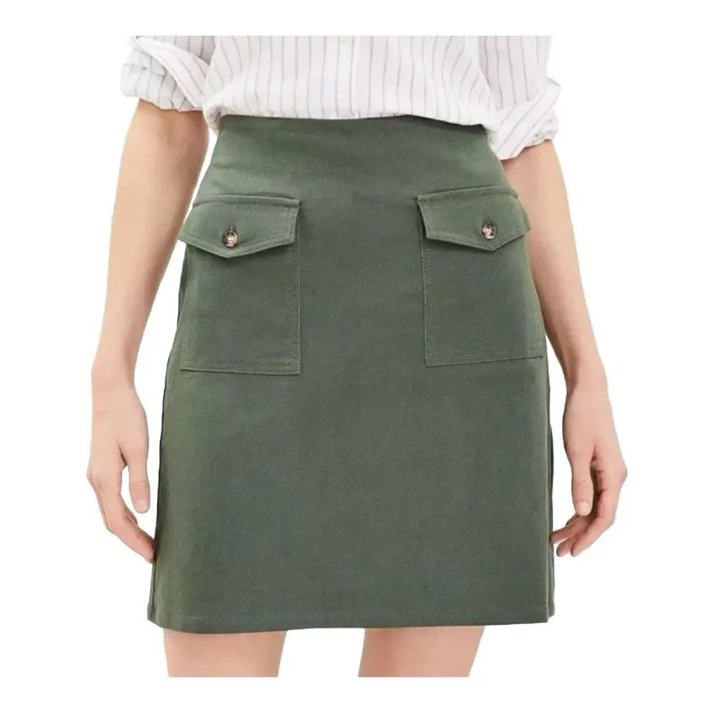 Loft Button Pocket Shift Army Green Skirt Size 2P Preppy Classic Office EUC